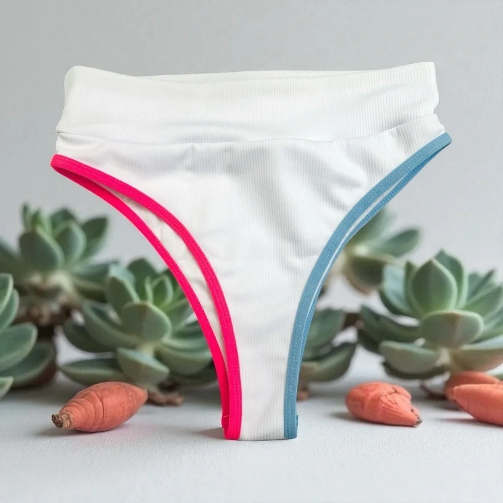 White Bikini Bottom with Pink and Blue Trim